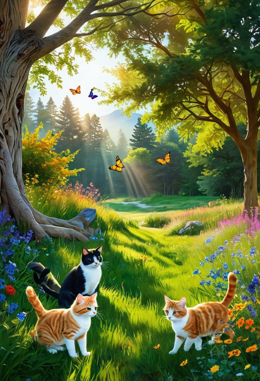 A serene outdoor scene featuring a vibrant green meadow bathed in golden sunlight, where playful cats are frolicking among colorful wildflowers. In the background, a majestic tree spreads its branches, symbolizing nature's embrace. Delicate butterflies dance in the air, highlighting joy and freedom. The overall scene exudes warmth and happiness. super-realistic. vibrant colors. natural light.