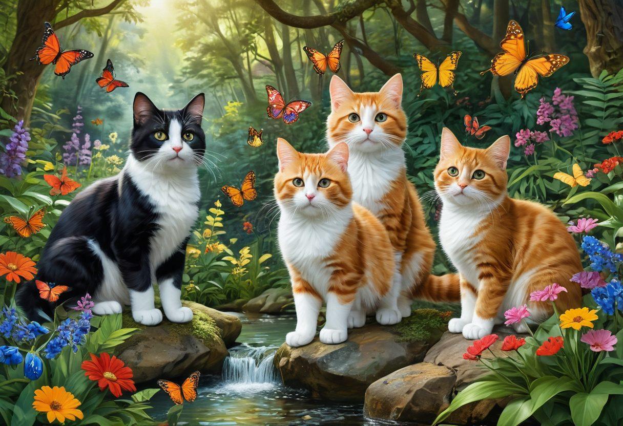 A vibrant and cheerful scene depicting adorable cats exploring a lush, sunlit forest, with colorful flowers and playful butterflies surrounding them. The cats exhibit various playful poses, capturing their joyful spirit as they interact with nature. Include a gentle stream flowing nearby and glimpses of wildlife in the background for added liveliness. super-realistic. vibrant colors. nature-focused.