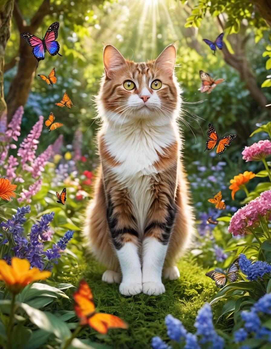 A serene scene depicting a playful cat frolicking in a lush garden filled with blooming flowers and fluttering butterflies. The background showcases towering trees with sunlight filtering through the leaves, creating a warm, inviting atmosphere. The cat's fur shines with vibrant colors, capturing the joy and curiosity of our feline friends as they interact with nature. Soft, ethereal lighting enhances the whimsical feel of the image. super-realistic. vibrant colors. soft focus.